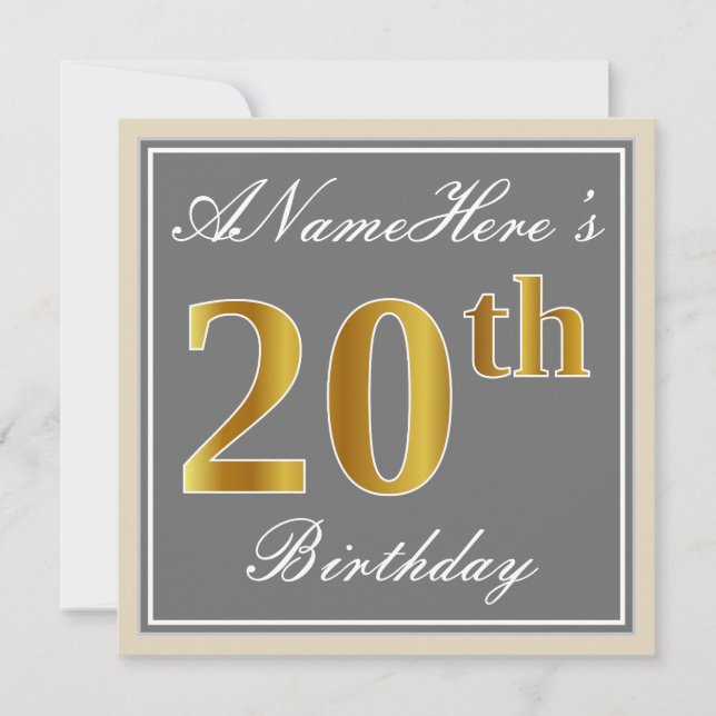 Elegant, Grey, Faux Gold 20th Birthday + Name Invitation (Front)