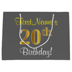 Elegant, Grey, Faux Gold 20th Birthday + Name Large Gift Bag