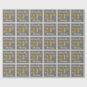 Elegant, Grey, Faux Gold 20th Birthday + Name Wrapping Paper