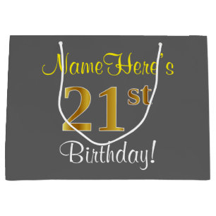 Elegant, Grey, Faux Gold 21st Birthday + Name Large Gift Bag
