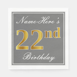 Elegant Grey, Faux Gold 22nd Birthday; Custom Name Napkin