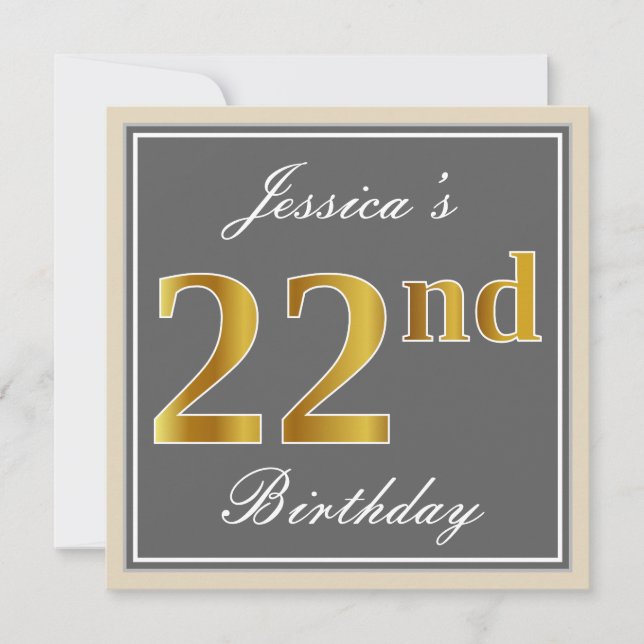 Elegant, Grey, Faux Gold 22nd Birthday + Name Invitation (Front)