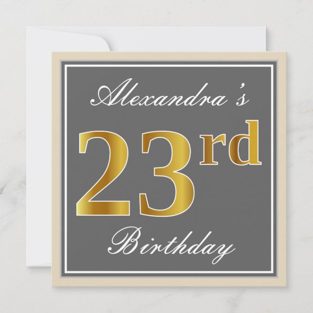 Elegant, Grey, Faux Gold 23rd Birthday + Name Invitation (Front)