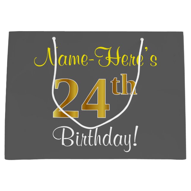 Elegant, Grey, Faux Gold 24th Birthday + Name Large Gift Bag (Front)