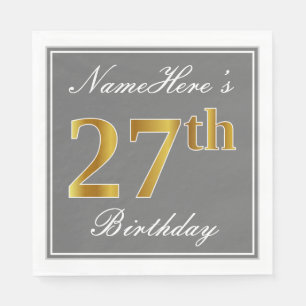 Elegant Grey, Faux Gold 27th Birthday; Custom Name Napkin