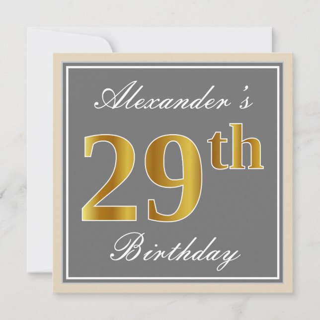 Elegant, Grey, Faux Gold 29th Birthday + Name Invitation (Front)