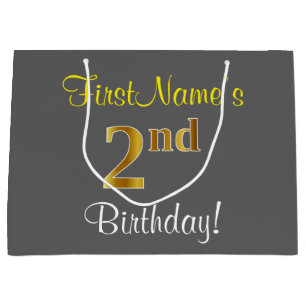 Elegant, Grey, Faux Gold 2nd Birthday; Custom Name Large Gift Bag