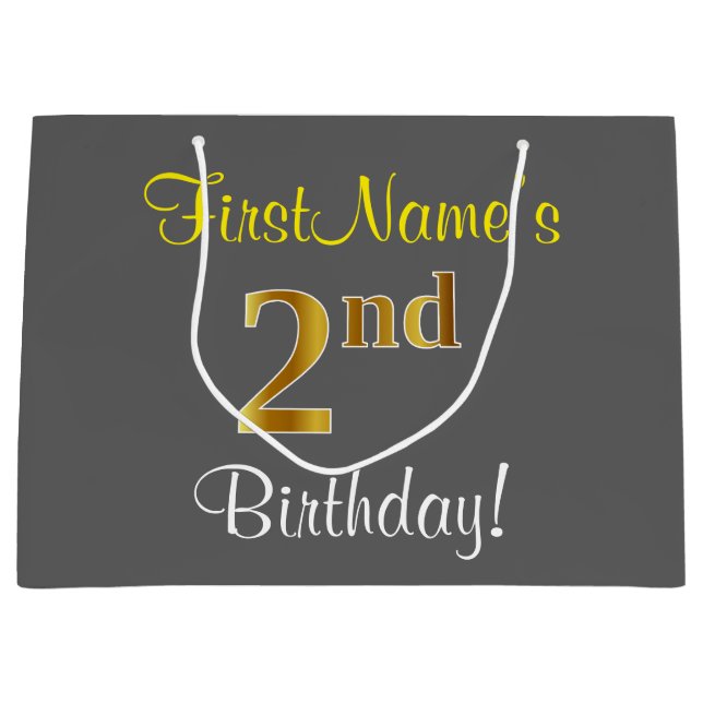 Elegant, Grey, Faux Gold 2nd Birthday; Custom Name Large Gift Bag (Front)
