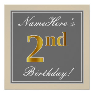 Elegant, Grey, Faux Gold 2nd Birthday; Custom Name Poster