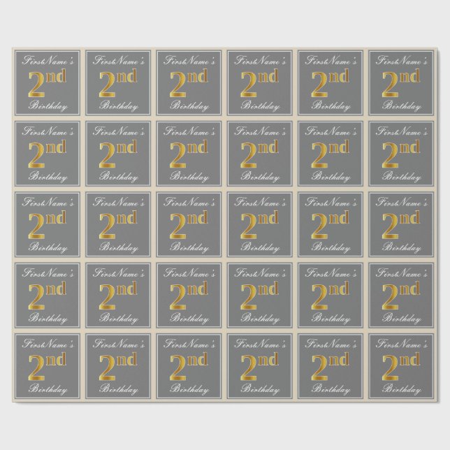 Elegant, Grey, Faux Gold 2nd Birthday; Custom Name Wrapping Paper (Flat)