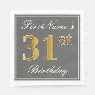 Elegant Grey, Faux Gold 31st Birthday; Custom Name Napkin