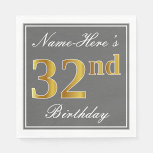 Elegant Grey, Faux Gold 32nd Birthday; Custom Name Napkin