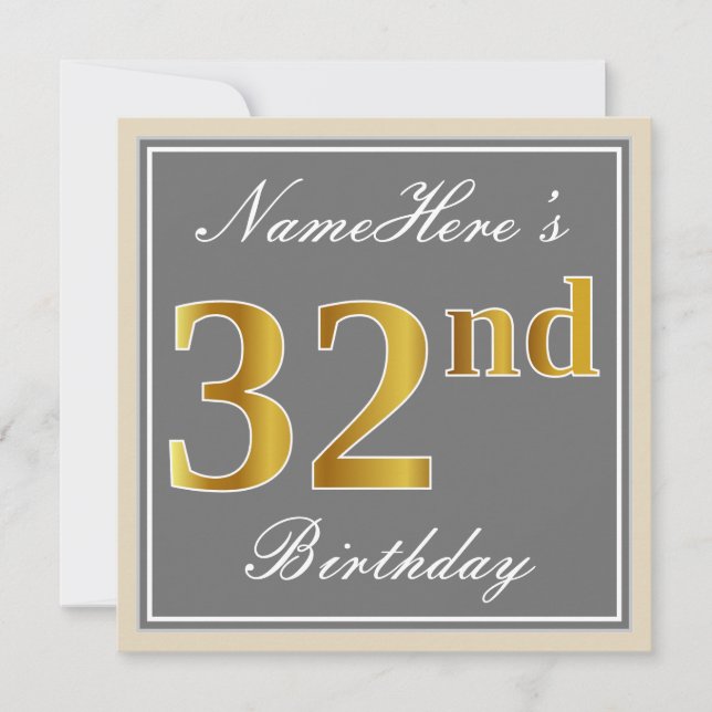 Elegant, Grey, Faux Gold 32nd Birthday + Name Invitation (Front)
