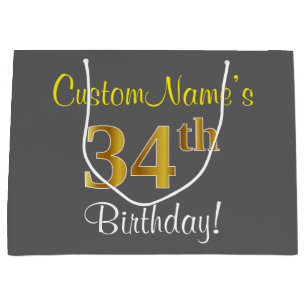 Elegant, Grey, Faux Gold 34th Birthday + Name Large Gift Bag