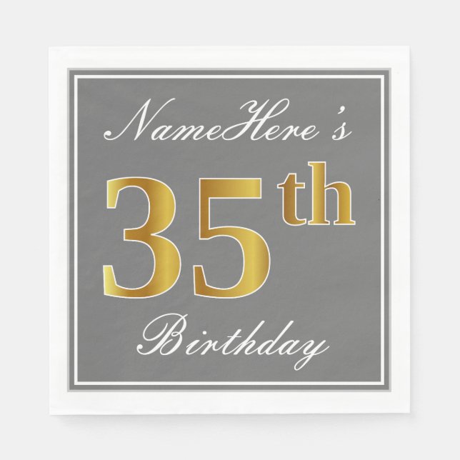 Elegant Grey, Faux Gold 35th Birthday; Custom Name Napkin (Front)