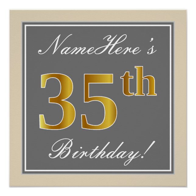Elegant, Grey, Faux Gold 35th Birthday + Name Poster (Front)