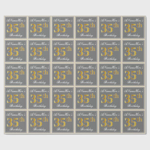 Elegant, Grey, Faux Gold 35th Birthday + Name Wrapping Paper