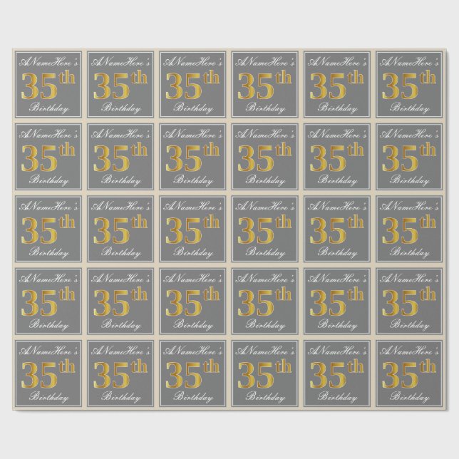 Elegant, Grey, Faux Gold 35th Birthday + Name Wrapping Paper (Flat)