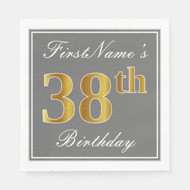 Elegant Grey, Faux Gold 38th Birthday; Custom Name Napkin (Front)