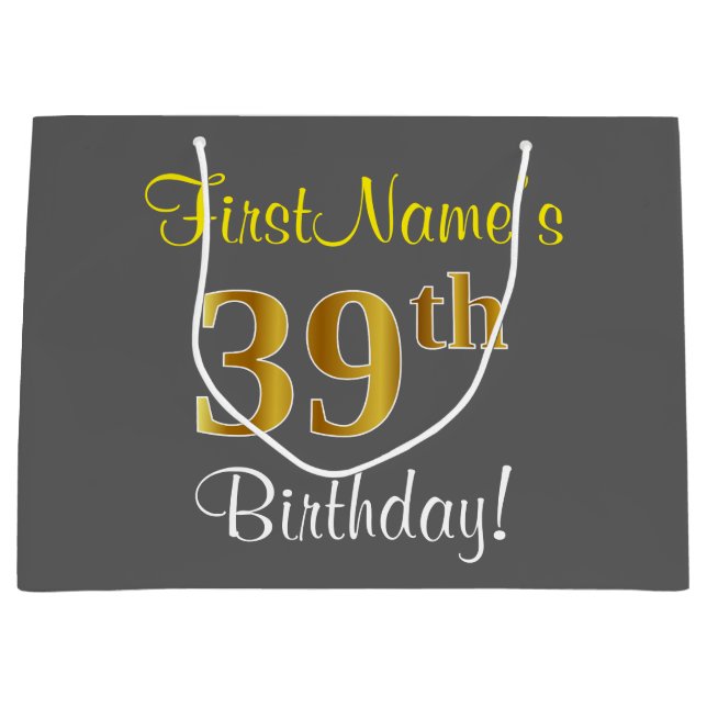 Elegant, Grey, Faux Gold 39th Birthday + Name Large Gift Bag (Front)