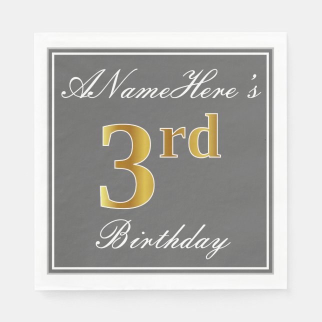 Elegant Grey, Faux Gold 3rd Birthday + Custom Name Napkin (Front)