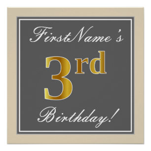 Elegant, Grey, Faux Gold 3rd Birthday; Custom Name Poster