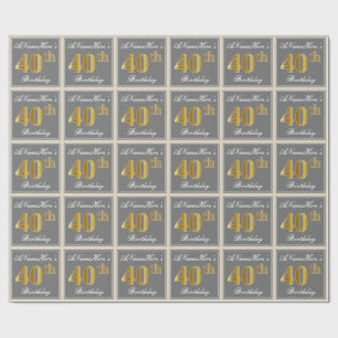 Elegant, Grey, Faux Gold 40th Birthday + Name Wrapping Paper