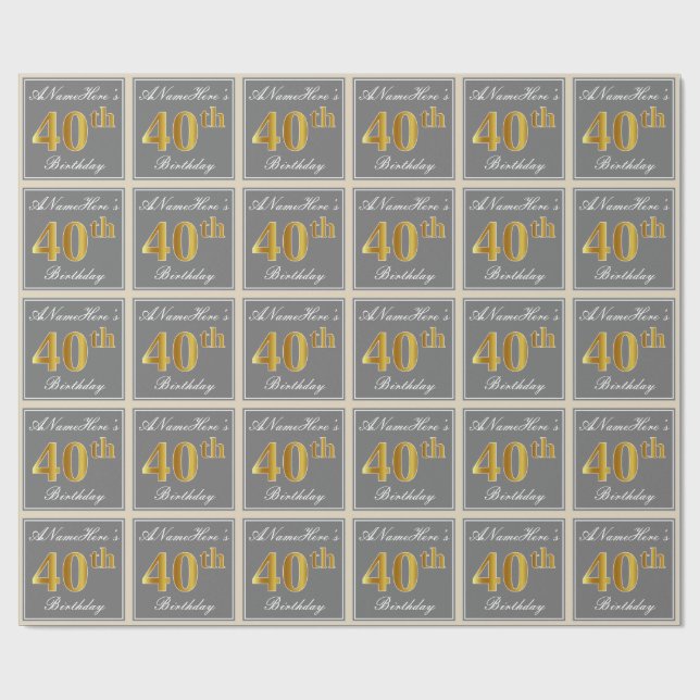 Elegant, Grey, Faux Gold 40th Birthday + Name Wrapping Paper (Flat)