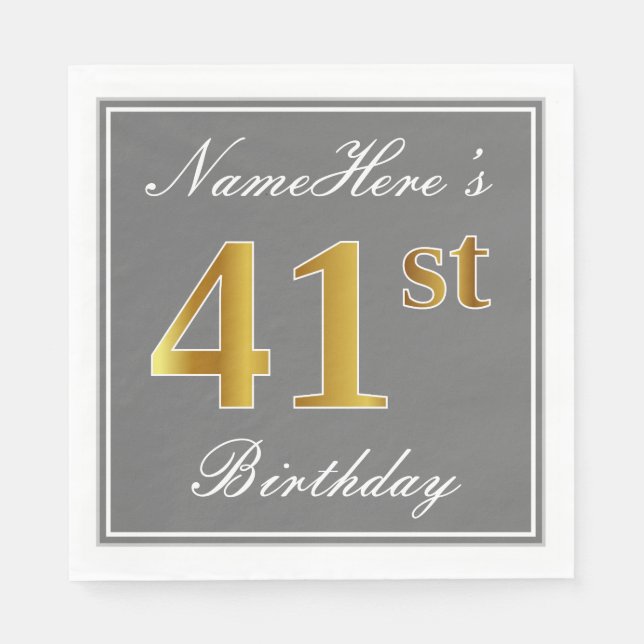 Elegant Grey, Faux Gold 41st Birthday; Custom Name Napkin (Front)
