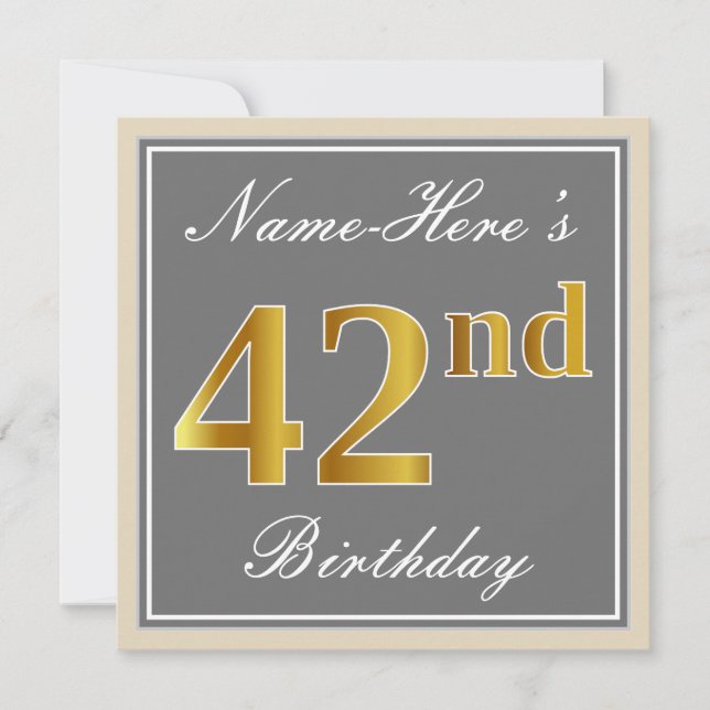 Elegant, Grey, Faux Gold 42nd Birthday + Name Invitation (Front)