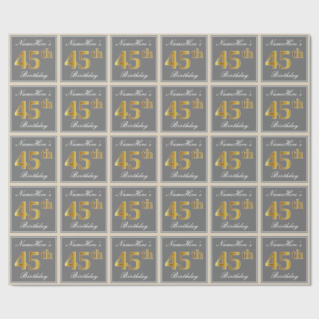 Elegant, Grey, Faux Gold 45th Birthday + Name Wrapping Paper (Flat)