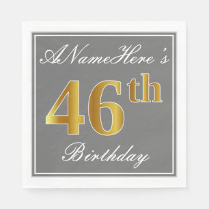 Elegant Grey, Faux Gold 46th Birthday; Custom Name Napkin