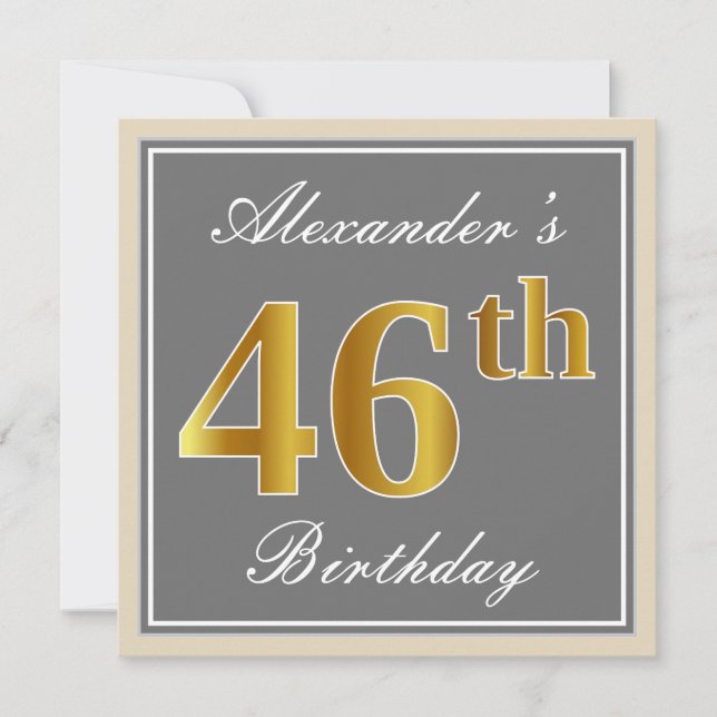 Elegant, Grey, Faux Gold 46th Birthday + Name Invitation (Front)