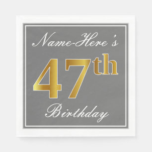 Elegant Grey, Faux Gold 47th Birthday; Custom Name Napkin