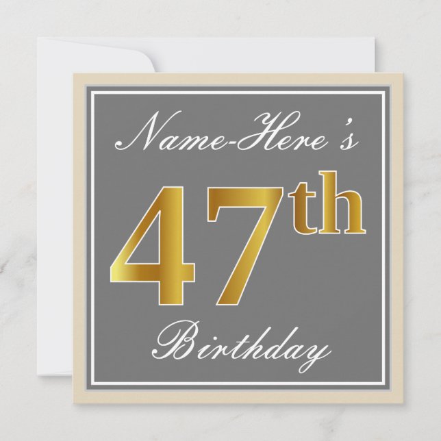 Elegant, Grey, Faux Gold 47th Birthday + Name Invitation (Front)