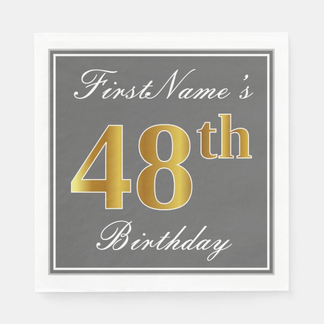 Elegant Grey, Faux Gold 48th Birthday; Custom Name Napkin (Front)
