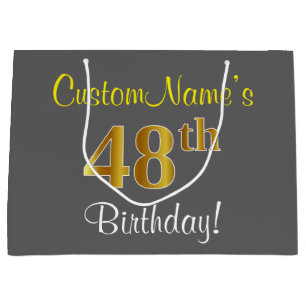 Elegant, Grey, Faux Gold 48th Birthday + Name Large Gift Bag