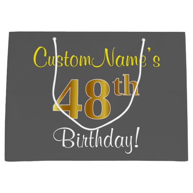 Elegant, Grey, Faux Gold 48th Birthday + Name Large Gift Bag (Front)