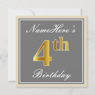 Elegant, Grey, Faux Gold 4th Birthday; Custom Name Invitation