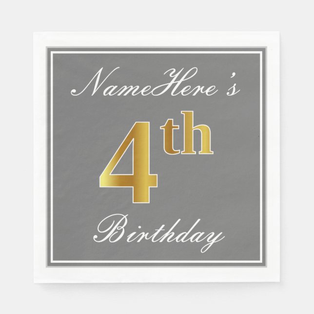 Elegant Grey, Faux Gold 4th Birthday + Custom Name Napkin (Front)