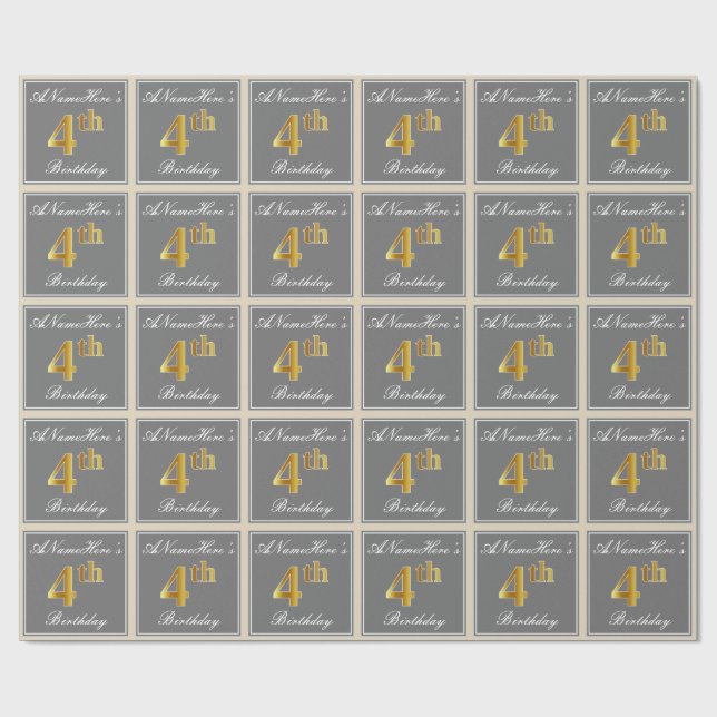Elegant, Grey, Faux Gold 4th Birthday; Custom Name Wrapping Paper (Flat)
