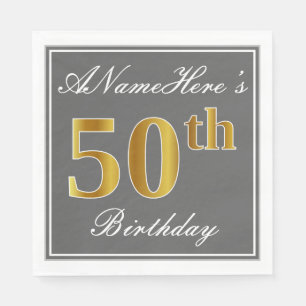 Elegant Grey, Faux Gold 50th Birthday; Custom Name Napkin