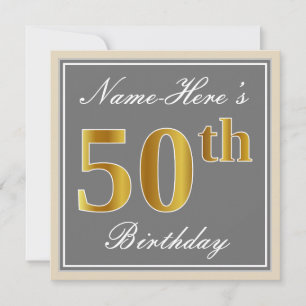 Elegant, Grey, Faux Gold 50th Birthday + Name Invitation