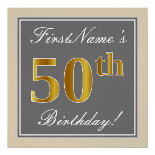 Elegant, Grey, Faux Gold 50th Birthday + Name Poster