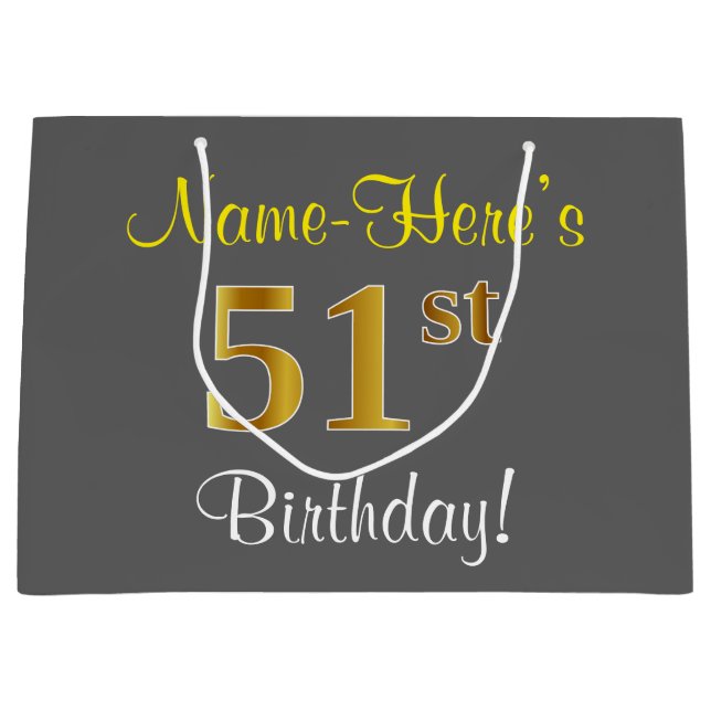 Elegant, Grey, Faux Gold 51st Birthday + Name Large Gift Bag (Front)