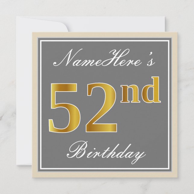 Elegant, Grey, Faux Gold 52nd Birthday + Name Invitation (Front)