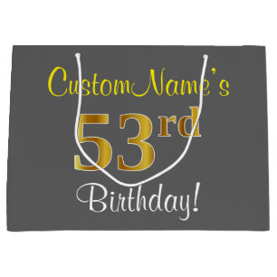 Elegant, Grey, Faux Gold 53rd Birthday + Name Large Gift Bag
