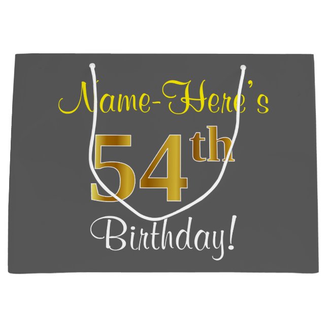 Elegant, Grey, Faux Gold 54th Birthday + Name Large Gift Bag (Front)