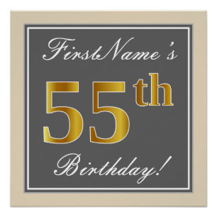 Elegant, Grey, Faux Gold 55th Birthday + Name Poster