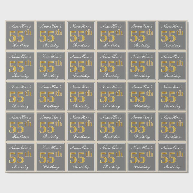 Elegant, Grey, Faux Gold 55th Birthday + Name Wrapping Paper (Flat)
